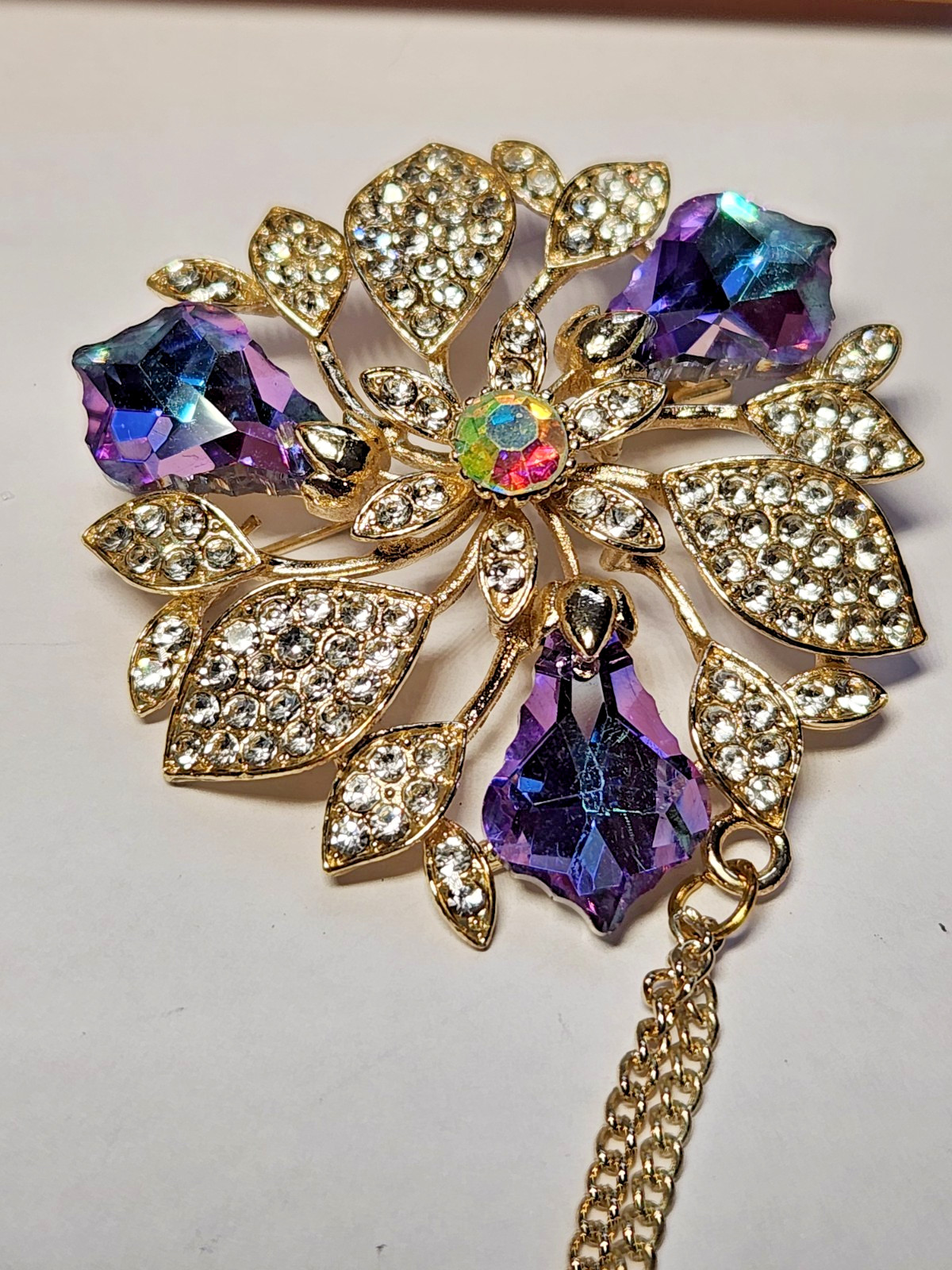 Vintage Style AB Crystal Floral Brooch Gold Tone C-Clasp Tassel Faux Pearl drop