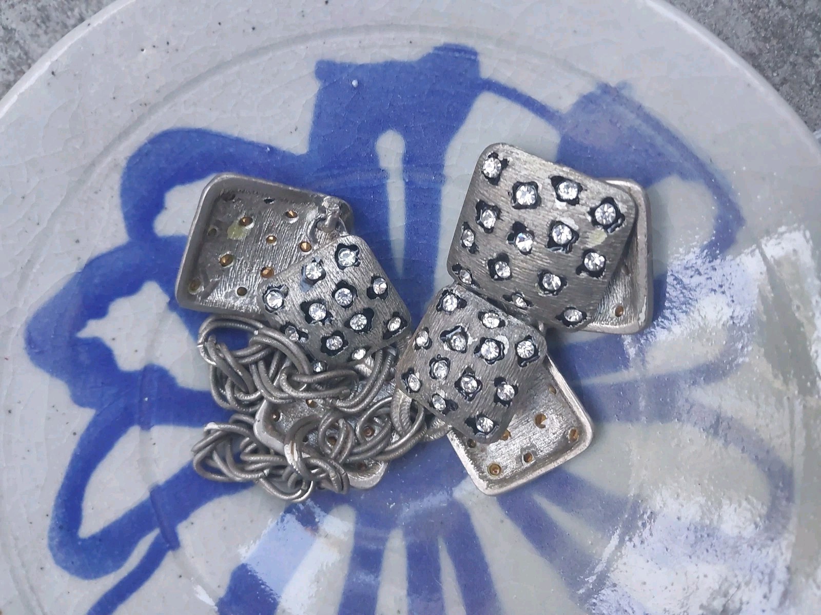 Chunky Silvertone Chain w Ridged Square & Clear Rhinestone Faux Animal Print