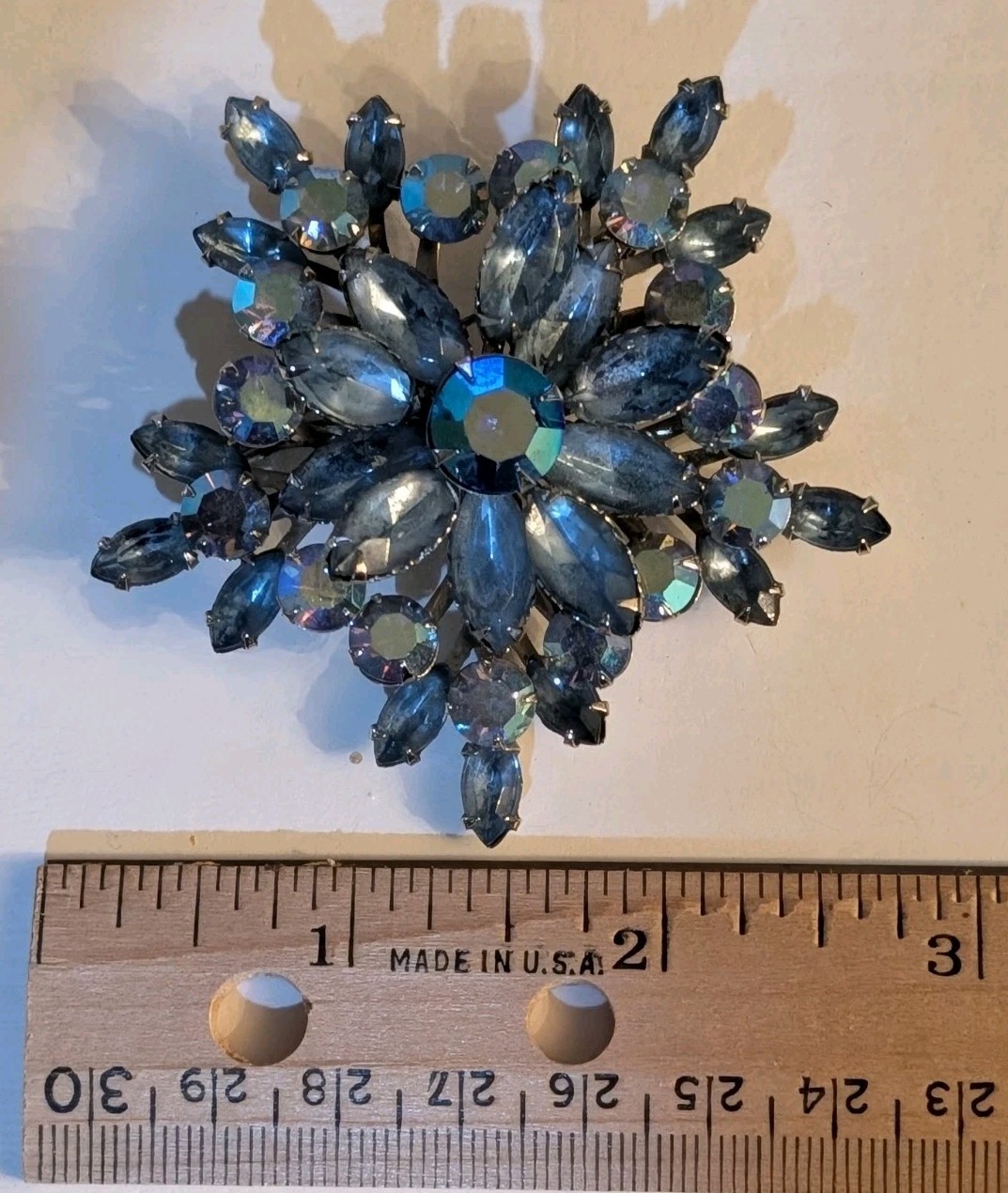 Vintage Ice-Blue Rhinestone Snowflake Brooch & Clip Earrings Set, AB, 1960s