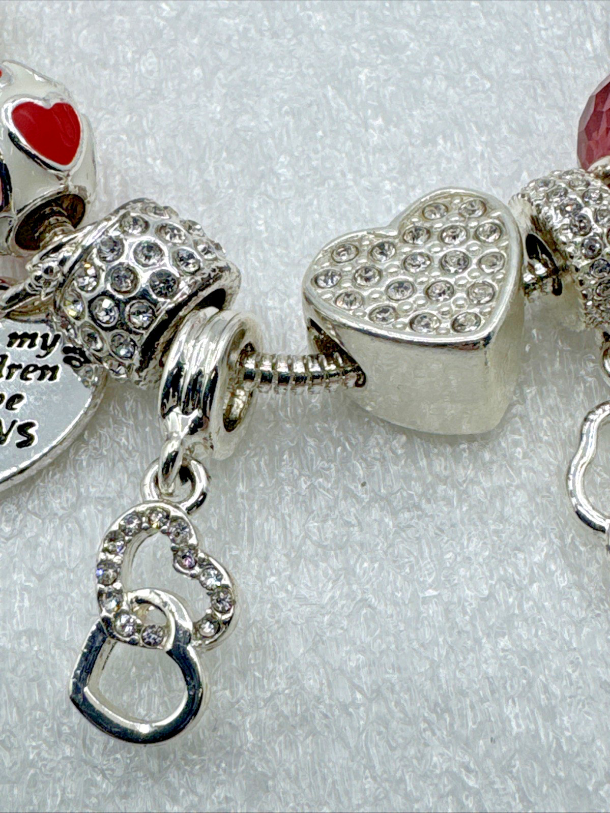 Silver Tone Snake Chain Charm Bracelet 6.5” – 13 Charms Pets Flowers Hearts Love
