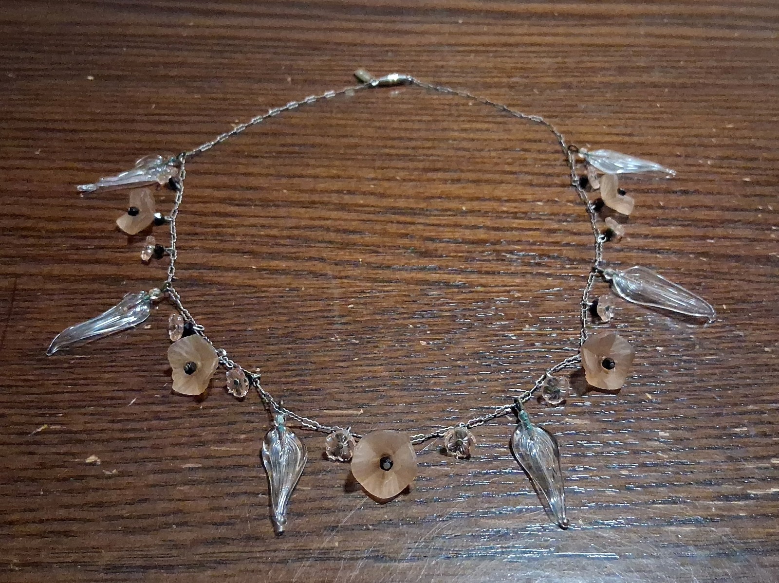 Vintage New York “Gold Dust” Glass Flower & Leaf Necklace REPAIRED See Pics/Desc