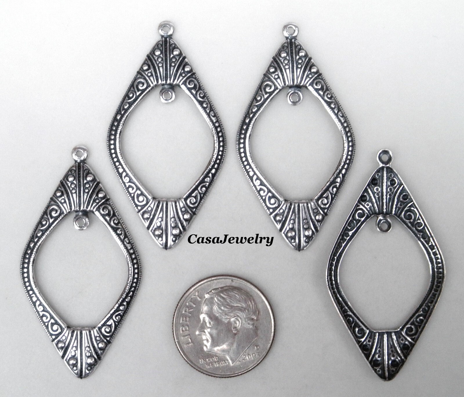 #3426 ANTIQUED STERLING SILVER PLATED DROP W/TOP & INNER HANG RINGS – 4 Pc Lot