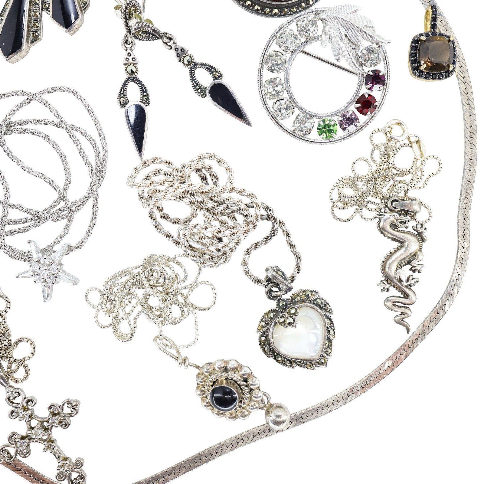 Lot 15pc WEARABLE Sterling Silver Jewelry Necklaces Earrings Art Deco Etc