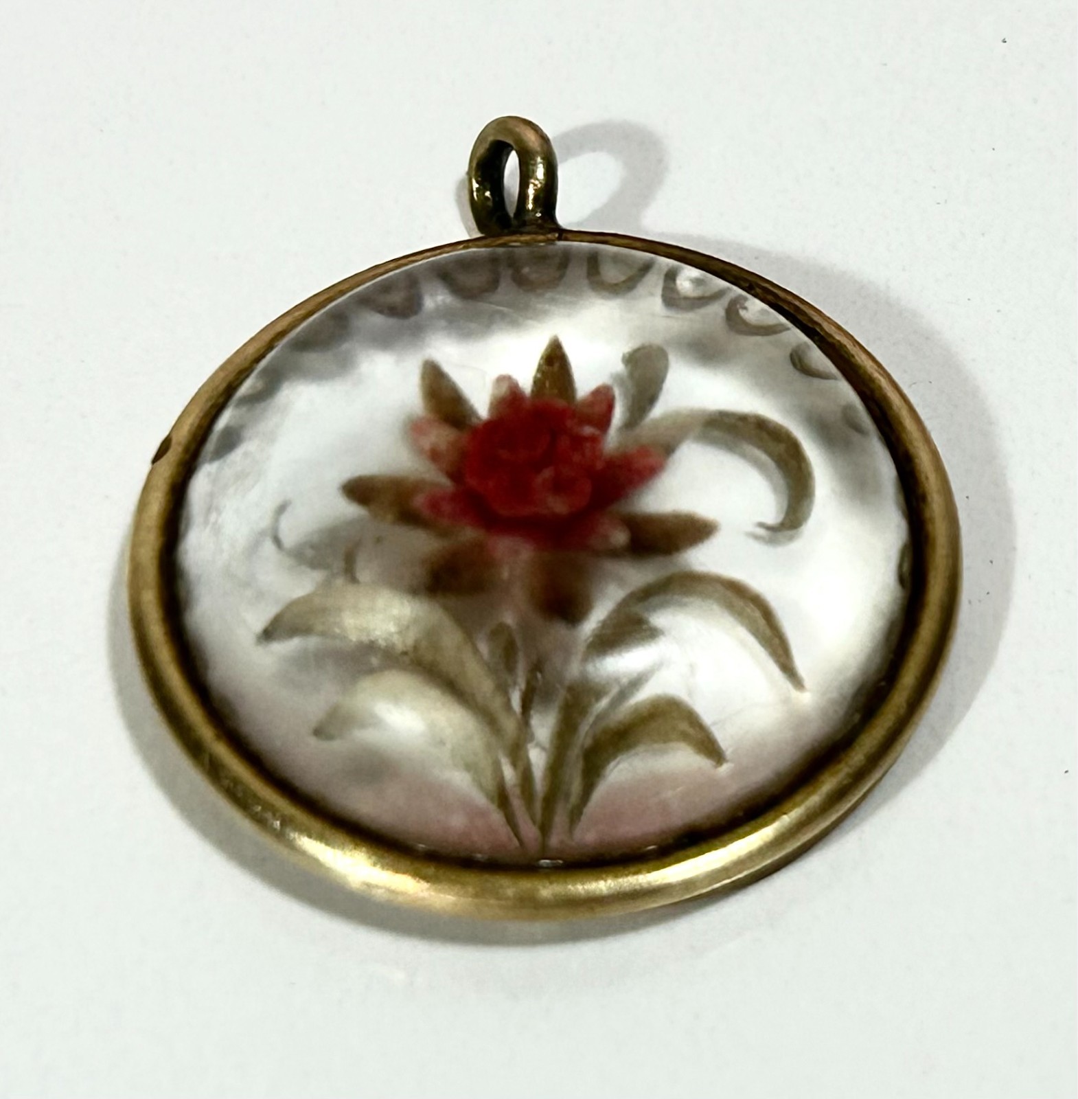 Antique Reverse Carved Crystal Rose Pendant Essex Crystal Style Rolled Gold 1900