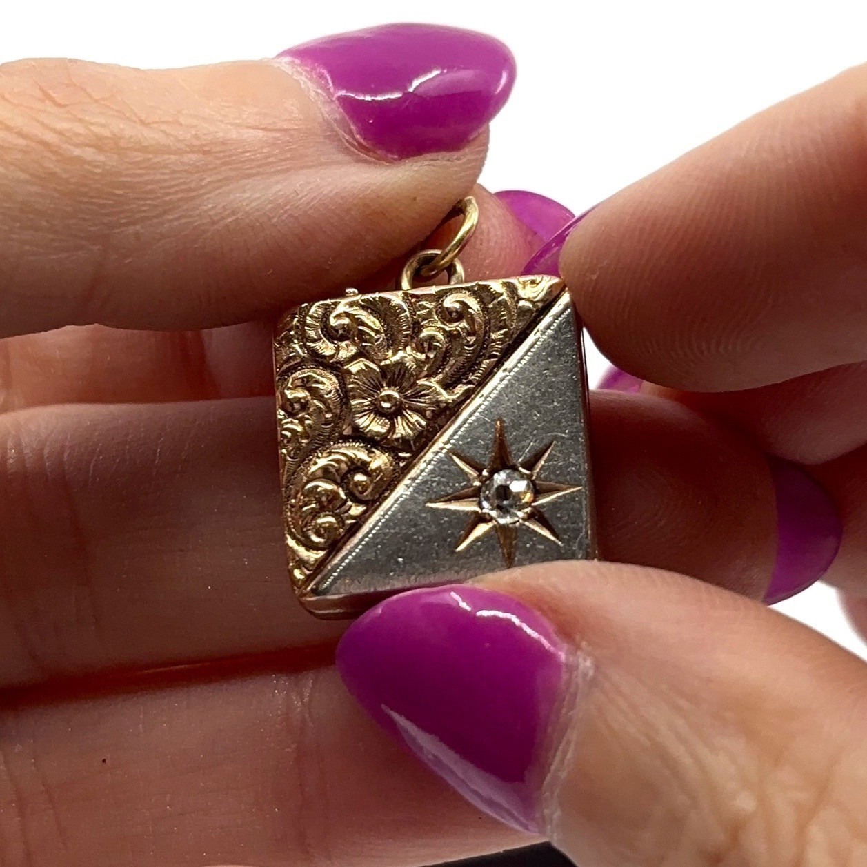 Antique 14K Diamond Locket Two Tone Old Cut Diamond Square Locket