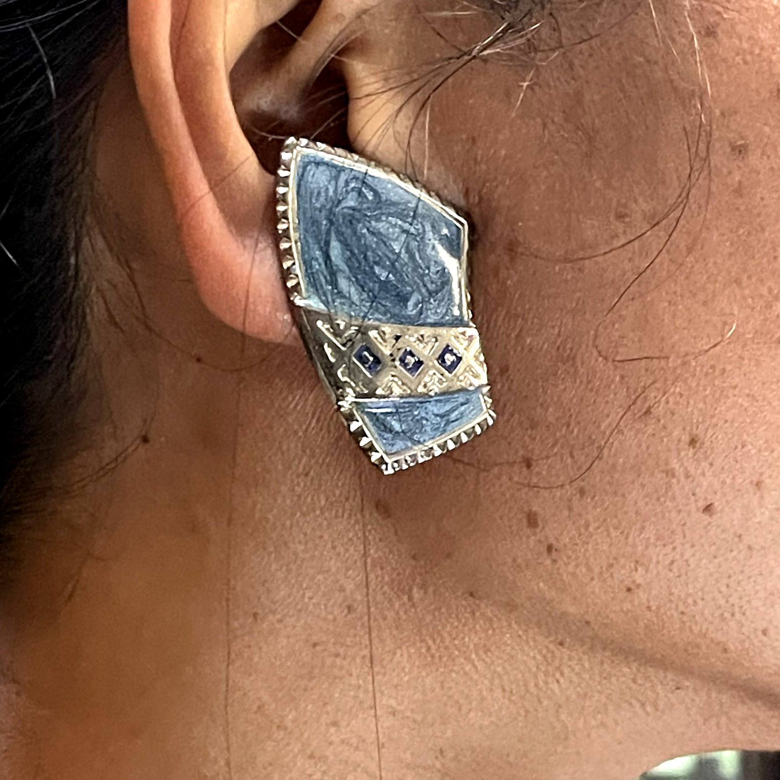 Vintage Edgar BEREBI Tribal So Western Blue Enamel Silver Tone Clip on Earrings