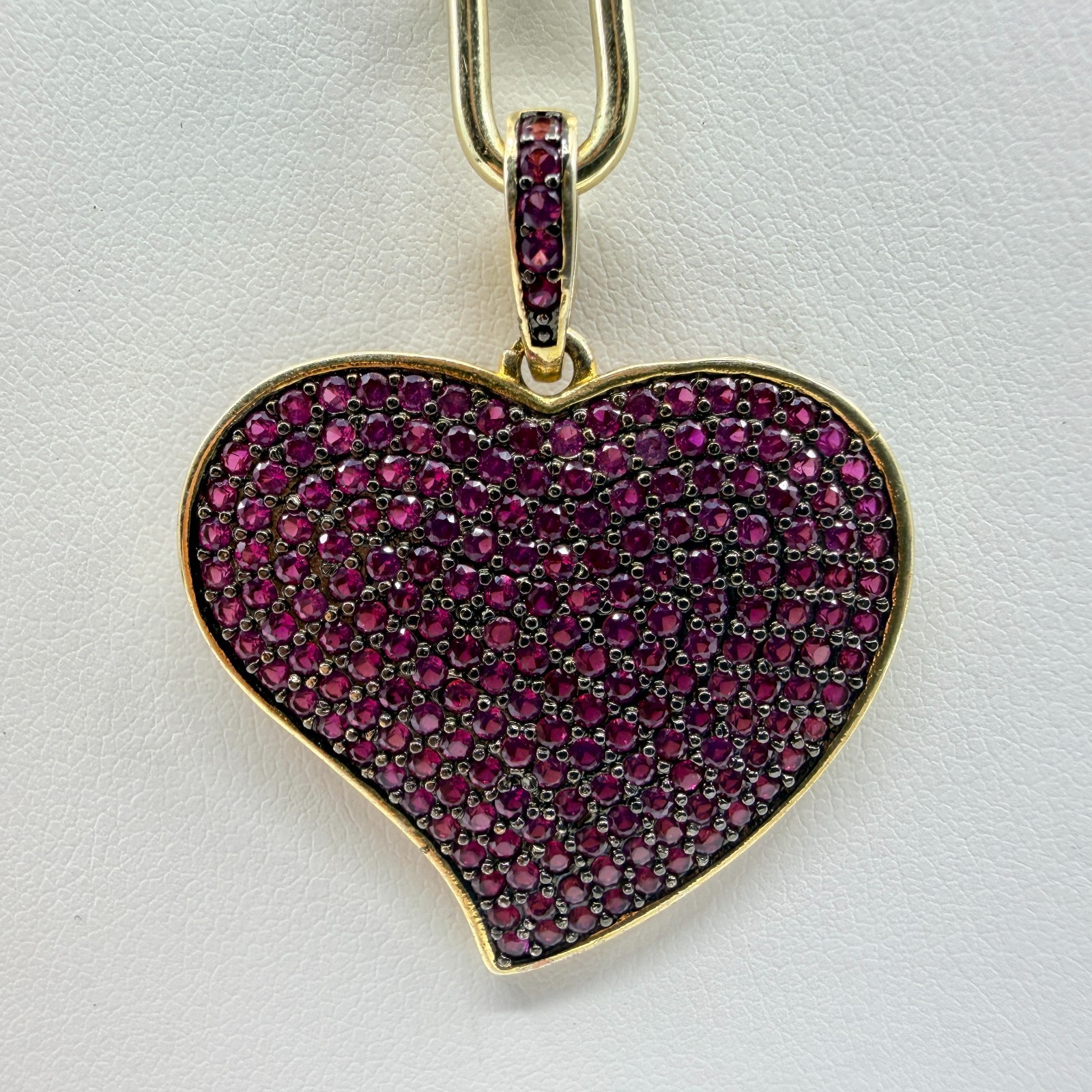 Gold Tone Red Pave Rhinestone Heart Pendant Paperclip Chain Necklace Statement