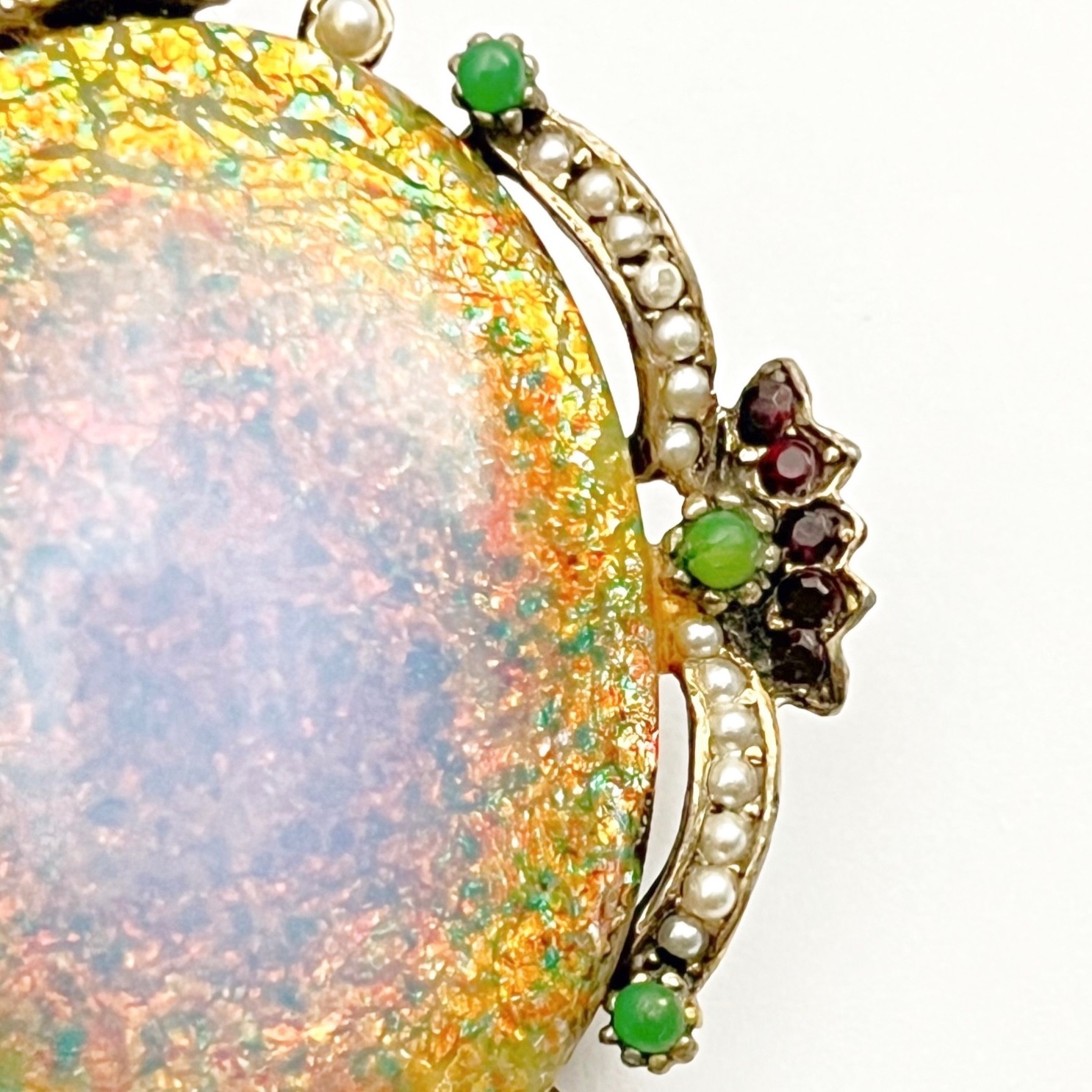 Dragons Breath Brooch Faux Garnets Seed Pearls Jade Vintage 1960s