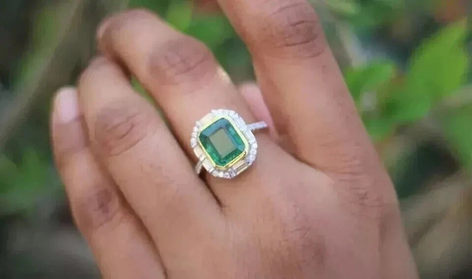 Art Deco Style Lab Created Emerald Cocktail Engagement 14K White Gold FN Ring