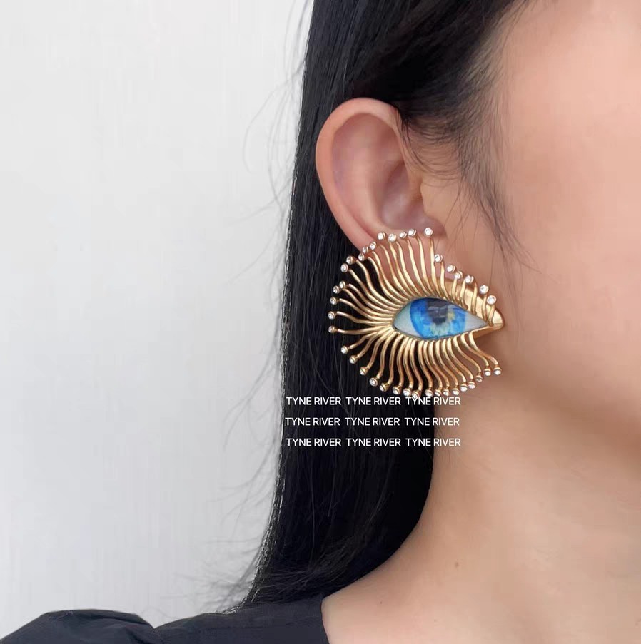 Schiaparelli Blue Eye Shape Luxurious Texture Golden Earrings WITH BOX