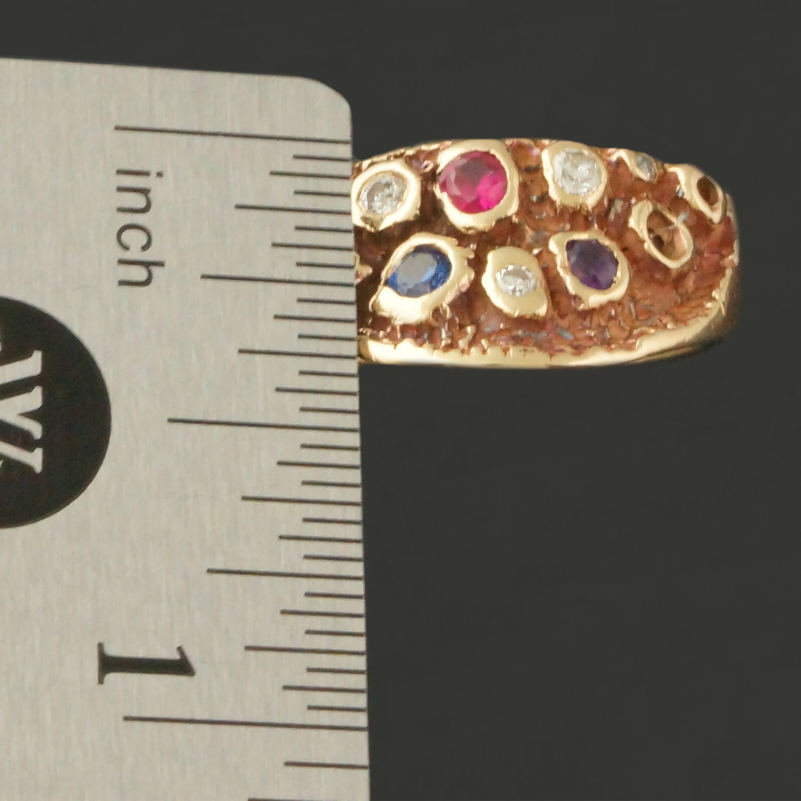 Custom Solid 14K Yellow Gold Ruby, Sapphire, Amethyst, Diamond Half Moon Ring