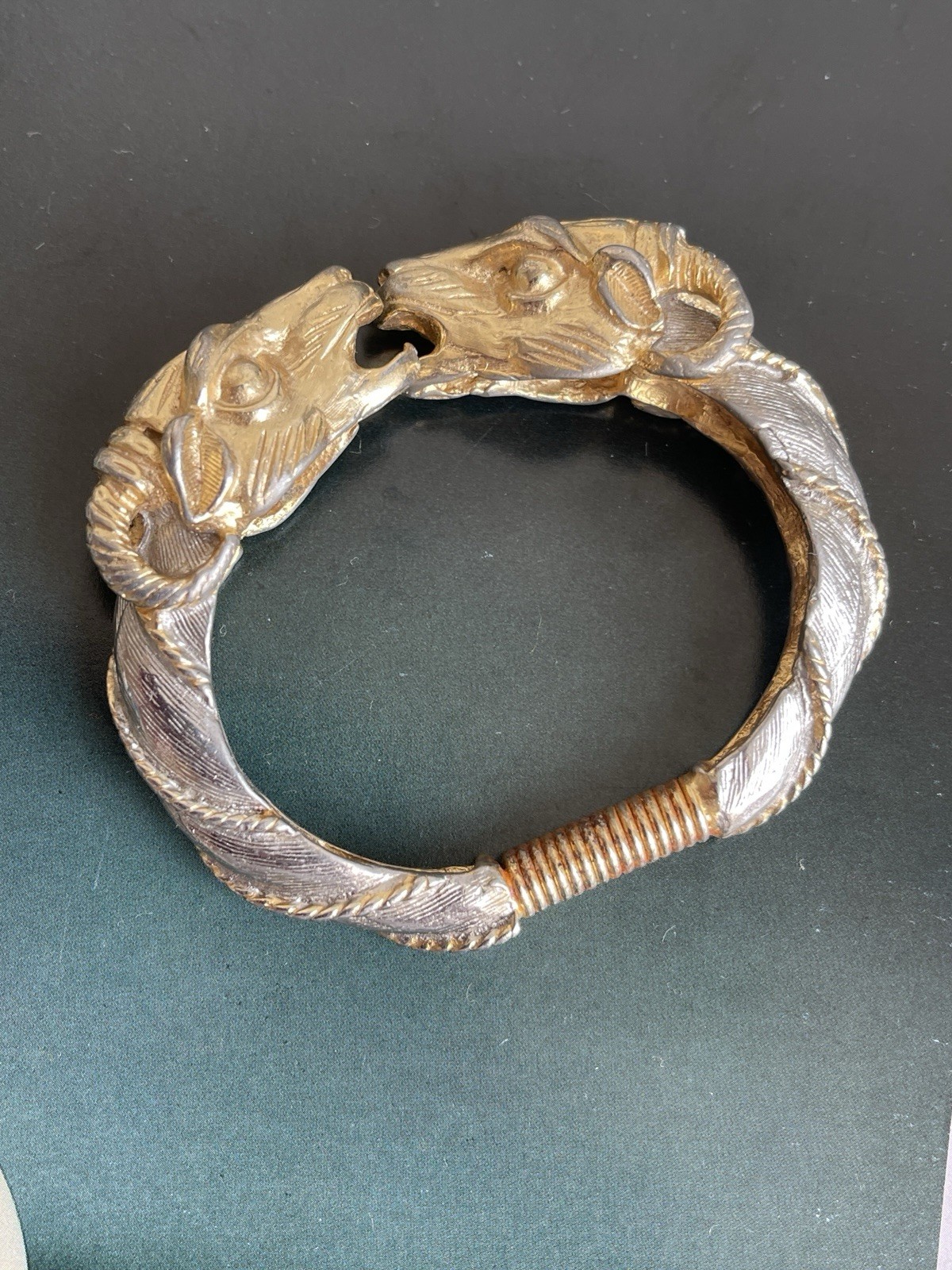 Vintage signed Donald Stannard double Ram head gold tone hinged clamper bracelet