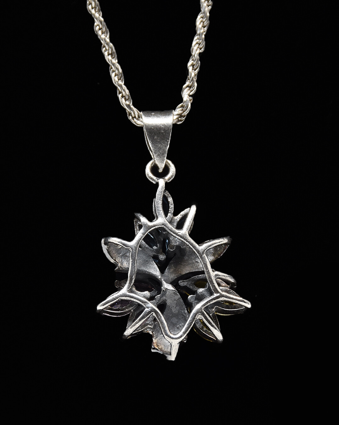 Vintage .925 Sterling & Multi-Color Topaz FLOWER Pendant W/Chain, Made in Italy.