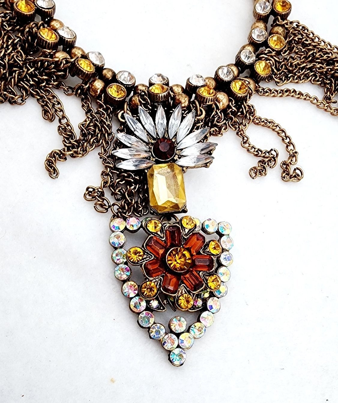 Signed Beaded chain rhinestone bib statement necklace 18″
