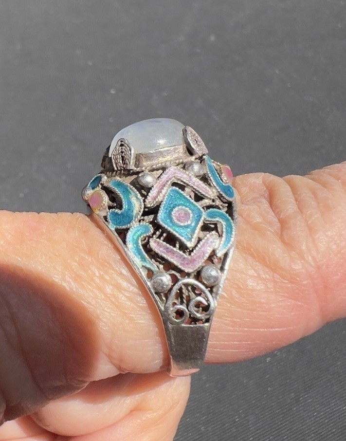Vintage Chinese Export Sterling Silver Enamel Moonstone Ring Size 8 Marked S925