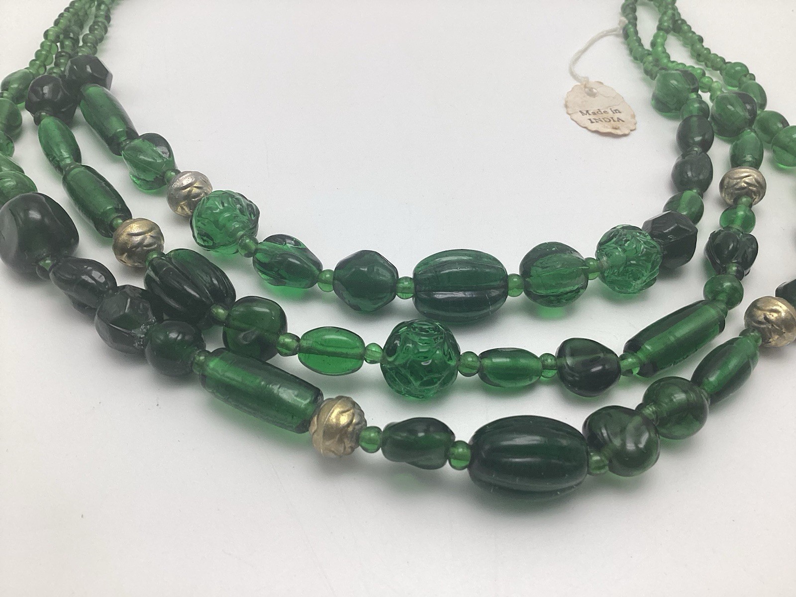 Vintage Emerald Green Glass Beaded Multi 3 Strand Necklace Made In India 19”