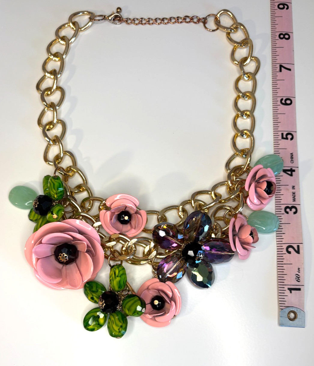 Unique Spring Statement Pink, Green, Purple Flowers Metal & Resin Necklace