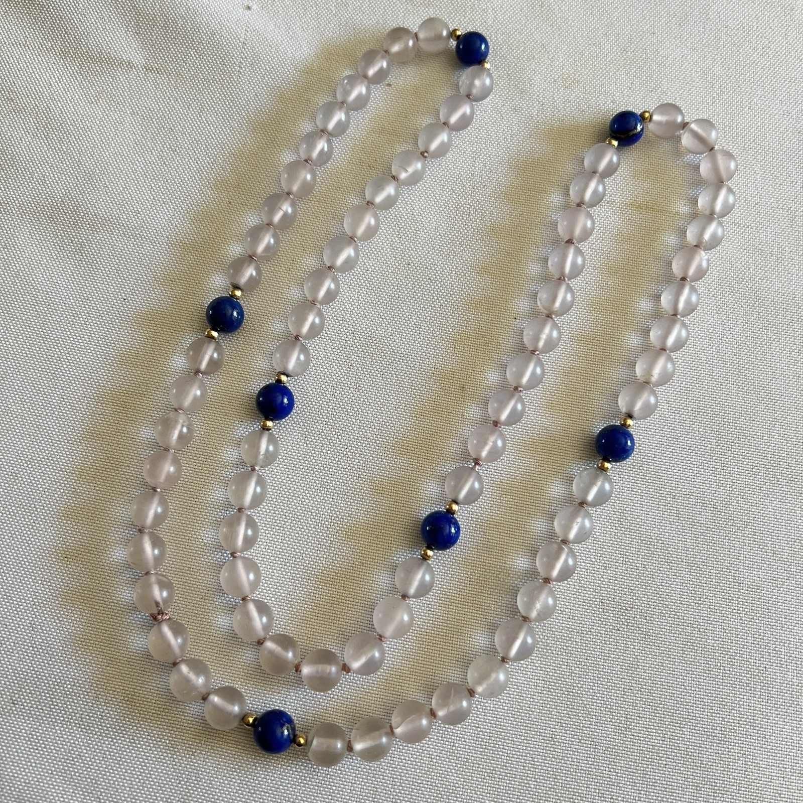 Vintage Frosted Rose Quartz Lapis Lazuli 27″ Beaded Necklace Gold Accent Spacers