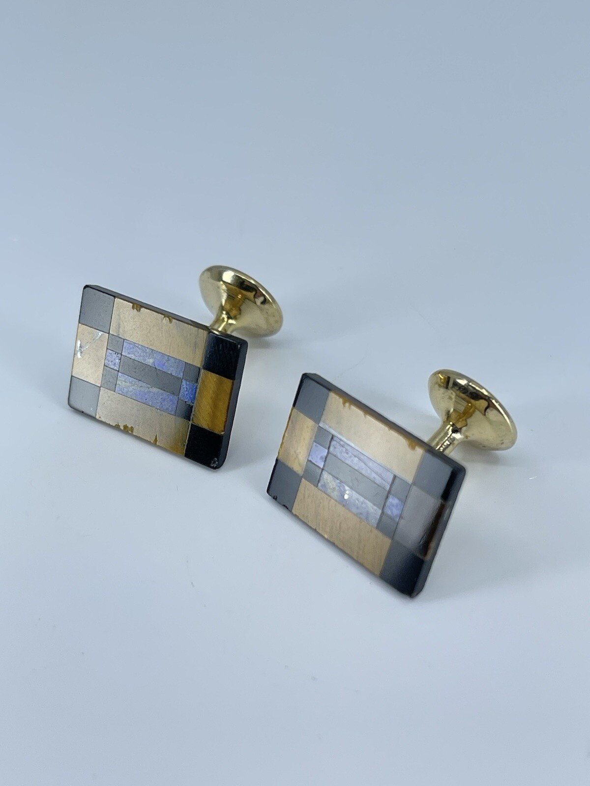 Vintage Onyx Lapis Tigers eye rectangle cufflinks polished gold tone fixed backs