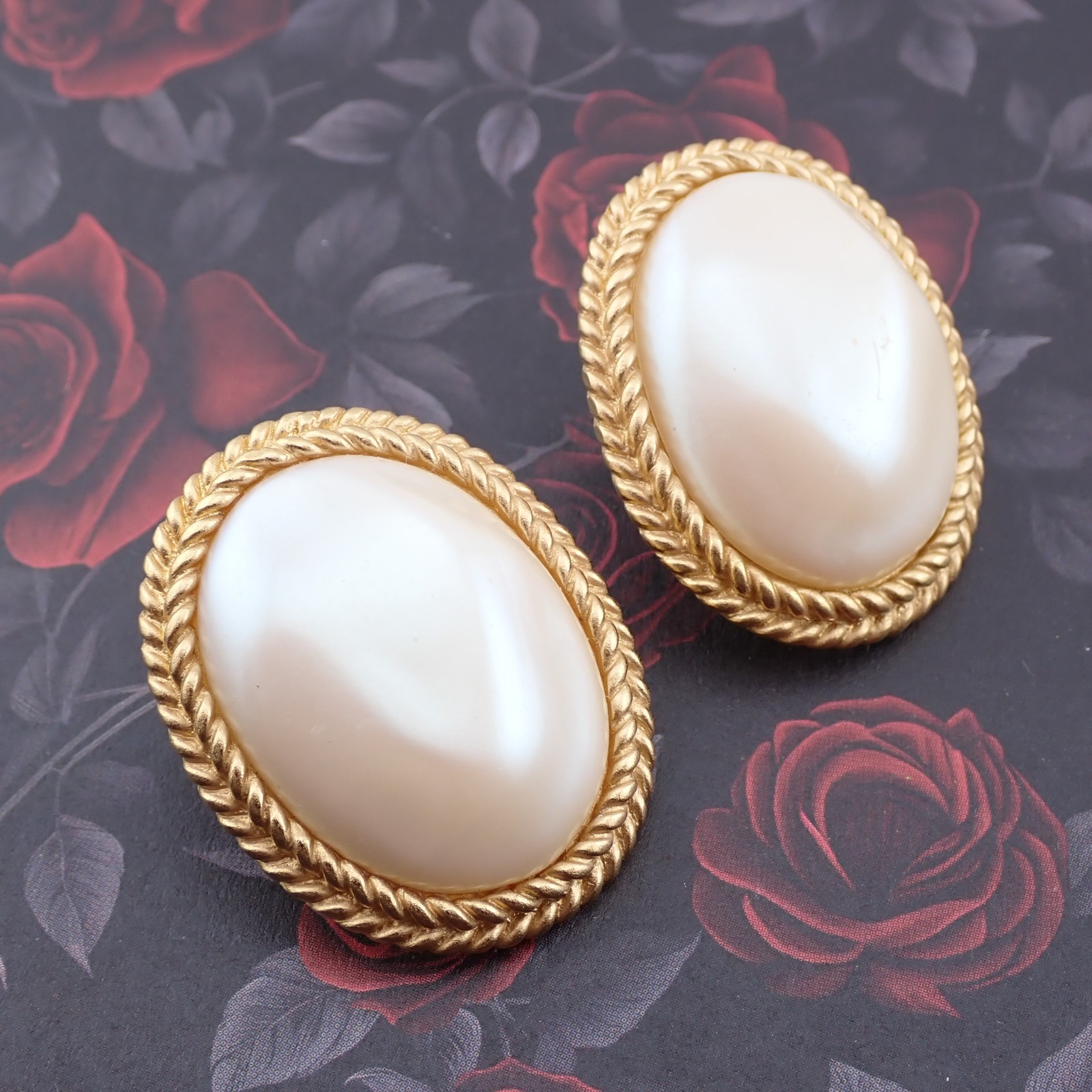 VTG YSL Yves Saint Laurent Oversized Simulated Pearl Feather Oval Earrings