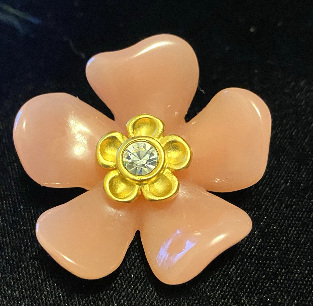Vintage Givenchy Flower Brooch Pink Petals and Gold Tone Rhinestone Center Pin