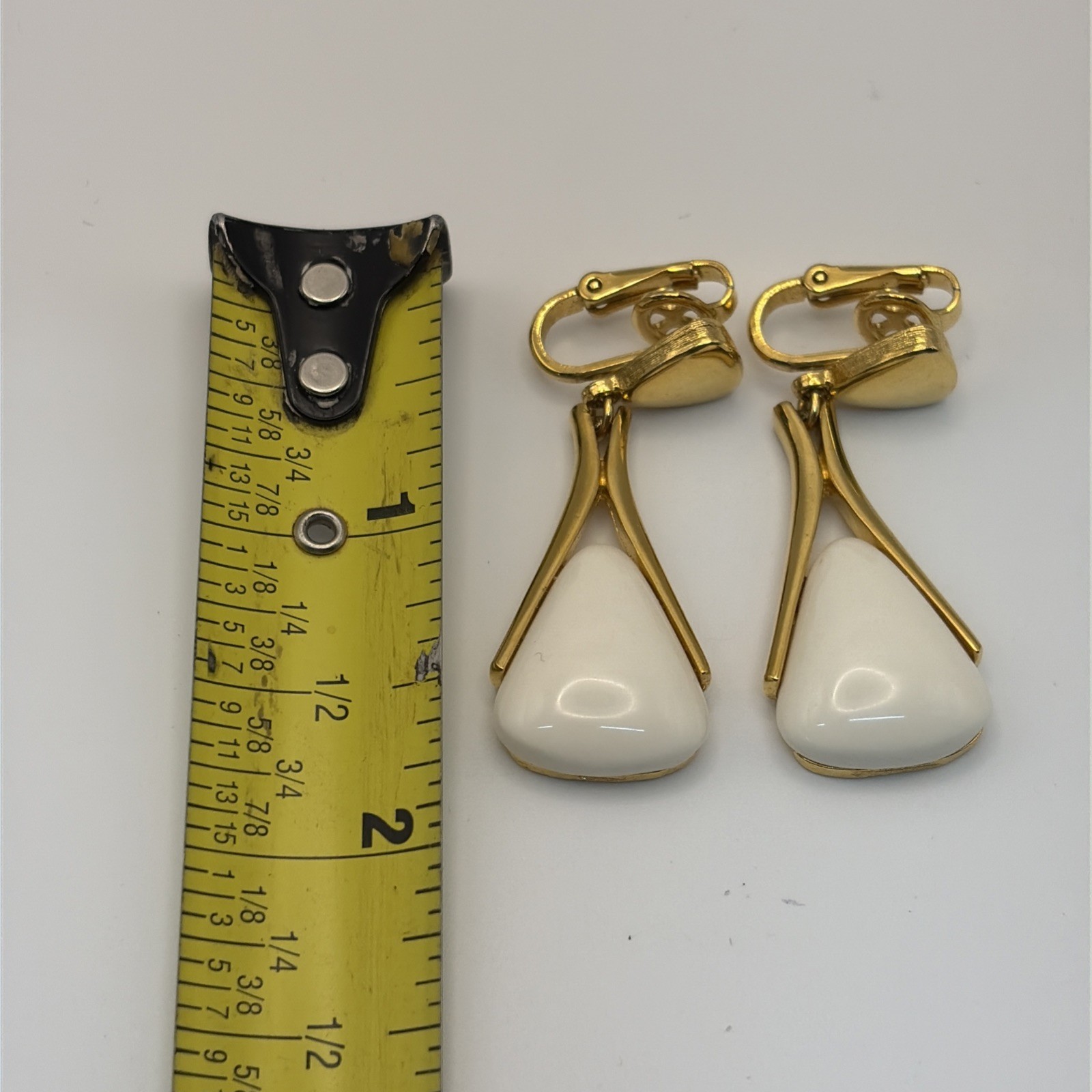 Vintage Crown Trifari Dangle Gold Tone White Clip On Earrings, Elegant 1 1/2”