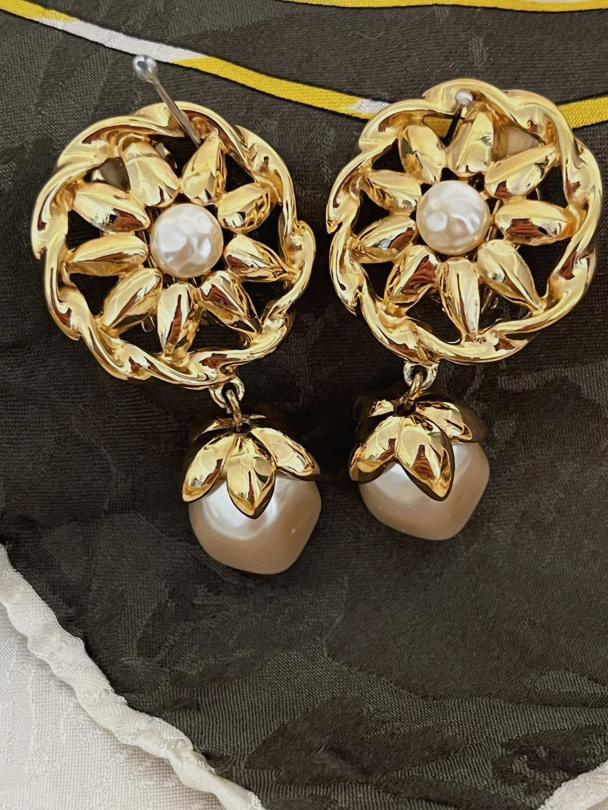 Vintage Givenchy Paris NY Earrings Golden Pearl Cabochon 2” Dangle Drop Clip On