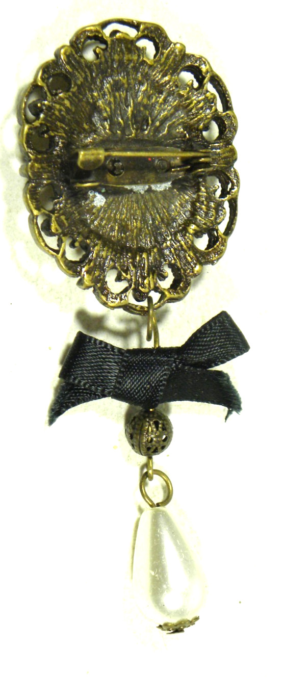 Vintage Rhinestone Cameo Brooch Victorian Pin Filigree Faux Pearl Oval Bronze