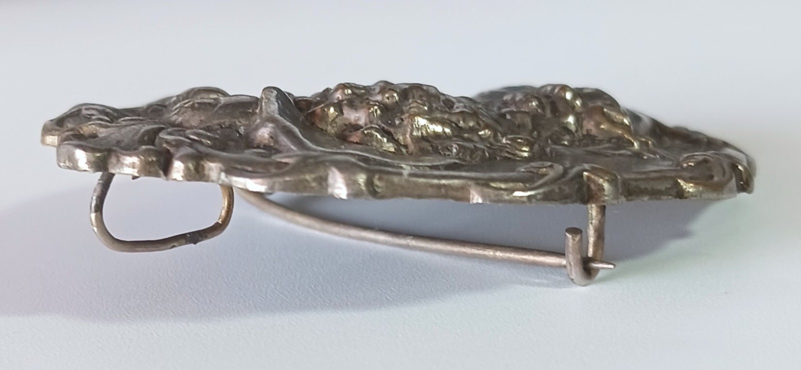 Antique Silver Art Nouveau Repousse Brooch Pendant: Fancy Lady in Large Hat