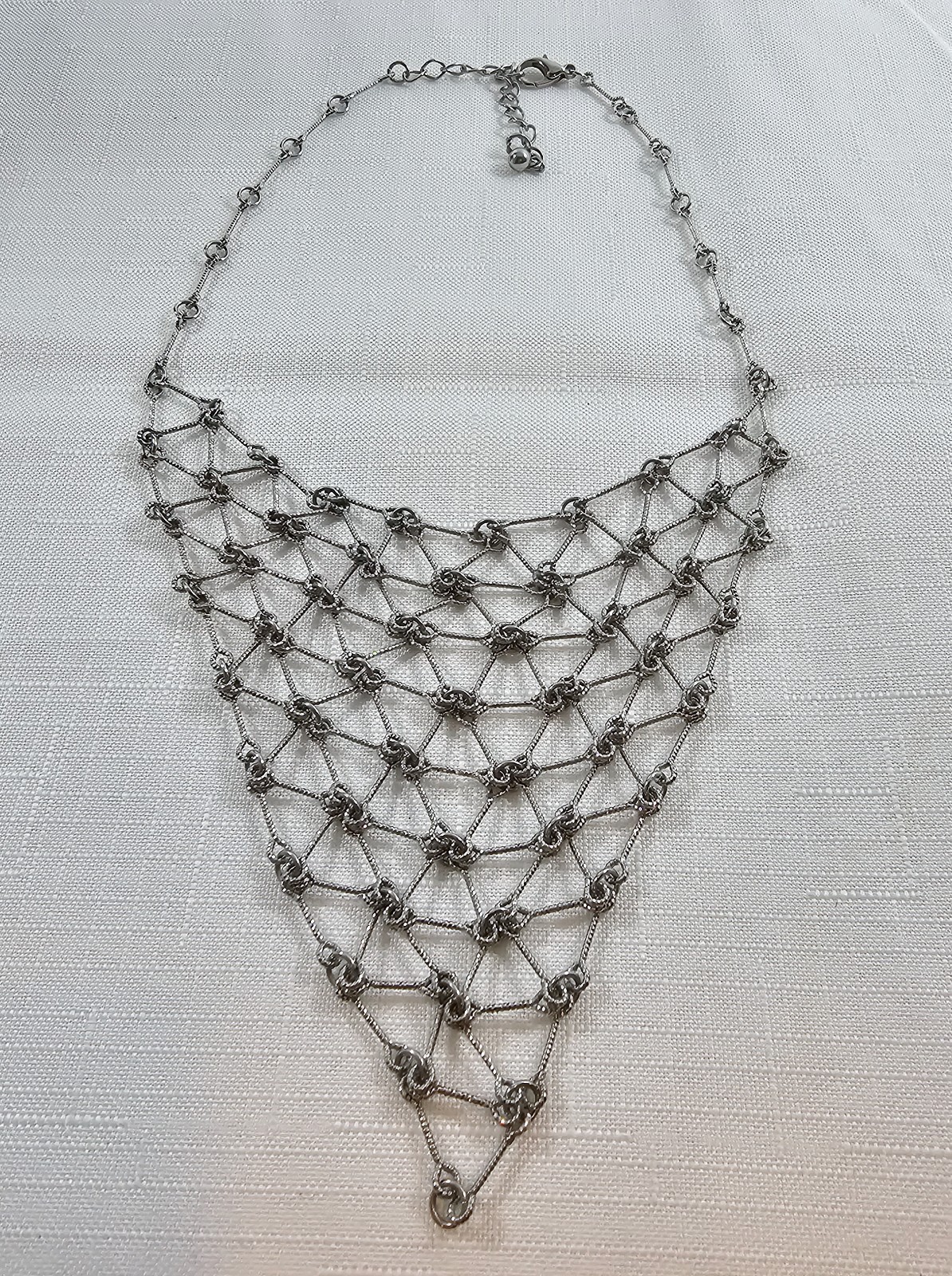 Vintage Silver Tone Waterfall Necklace Mesh Chainmail Bib and Ornate with Knots