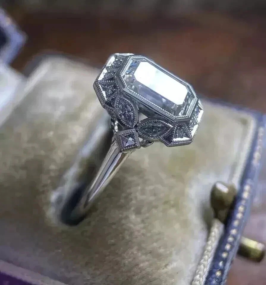 3Ct Art Deco Style Lab Created Diamond Octagon Engagement 14K White Gold FN Ring