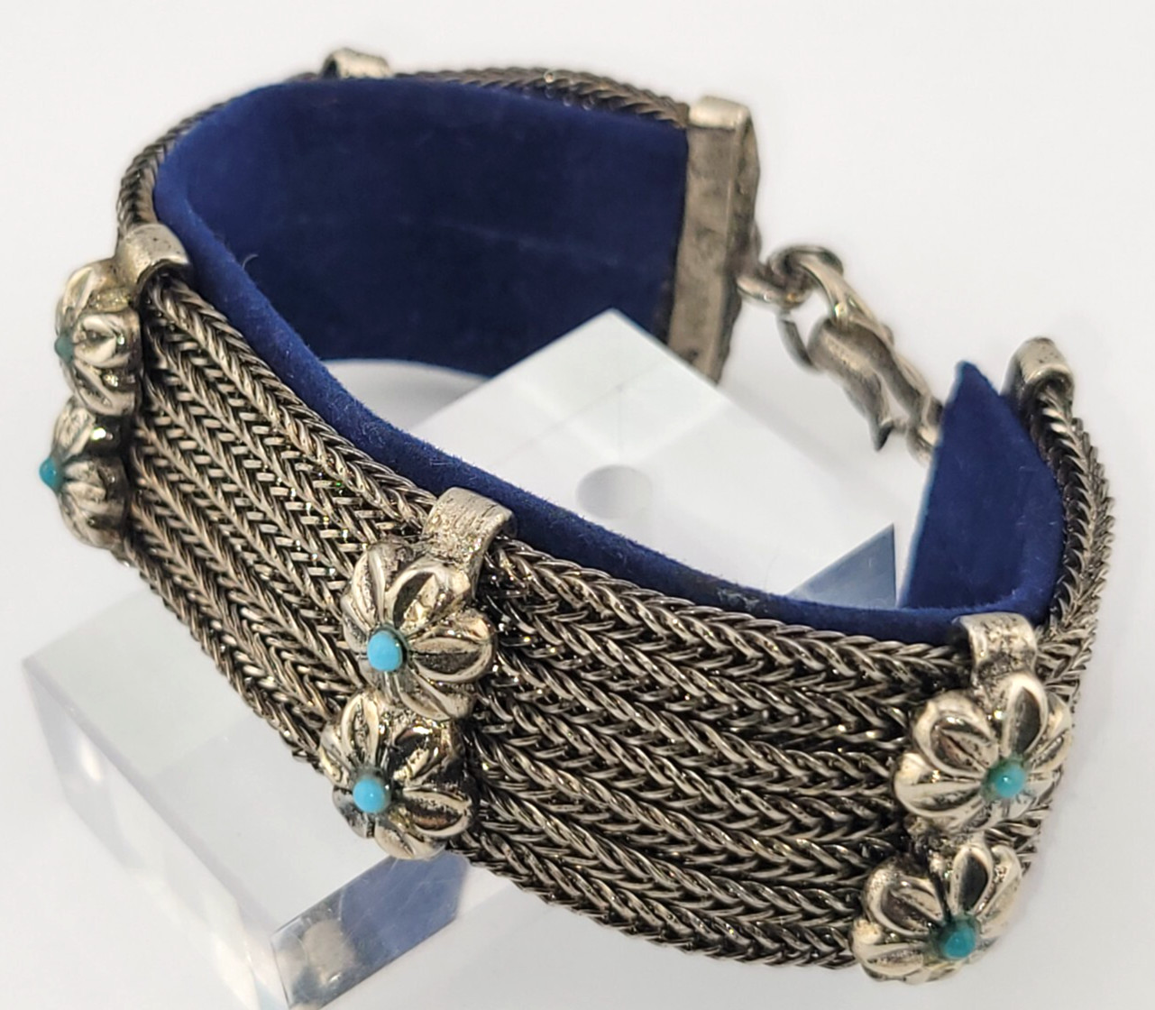 Vintage 7 Strand Snake Chain Turquoise Glass Flower Southwestern Bracelet 7-8.5″