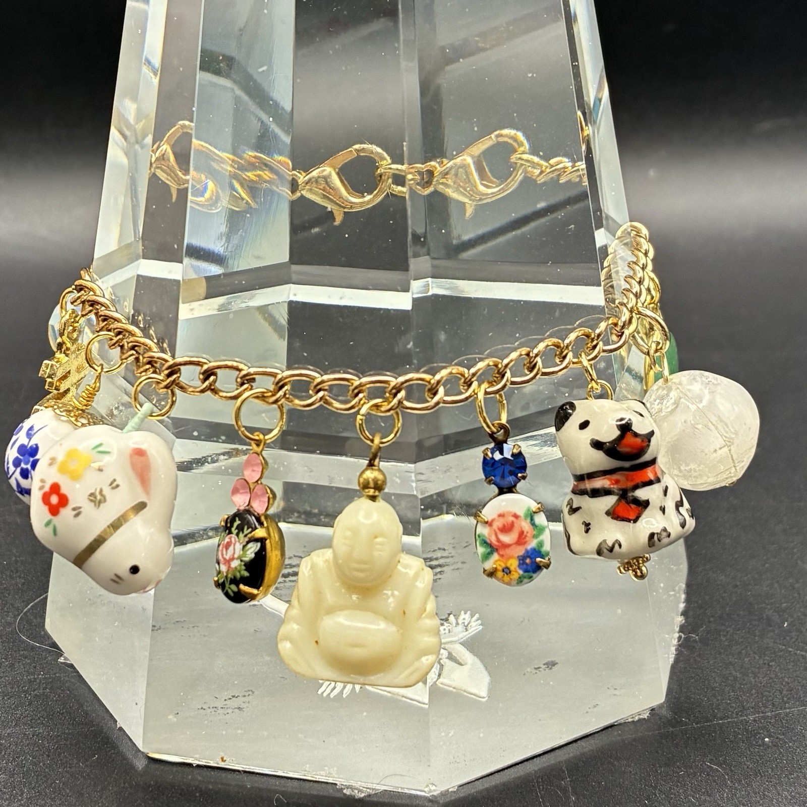 Vintage Eclectic Custom Charm Bracelet + Vtg Charms: Dog, Rabbit,Floral, Buddha+