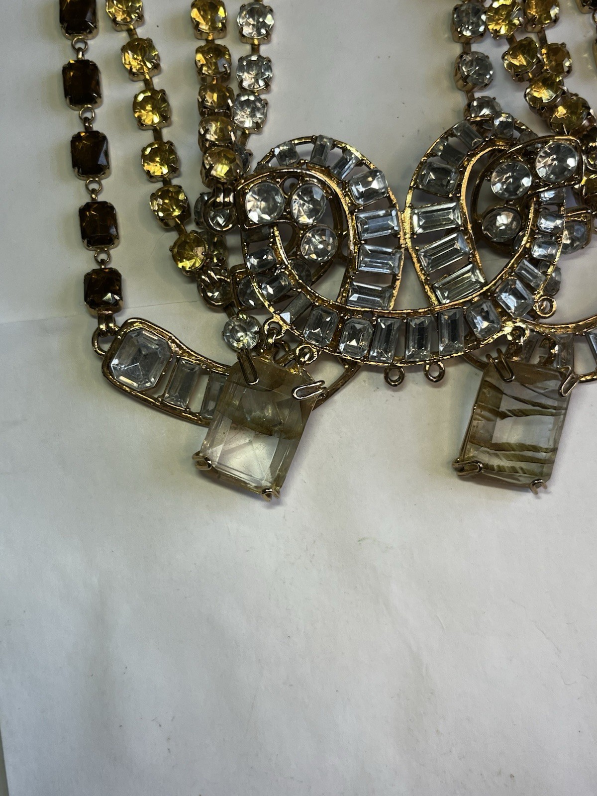 Spectacular Statement Gold Tone Bib Necklace 4 Strand Amber Smokey Clear!!!