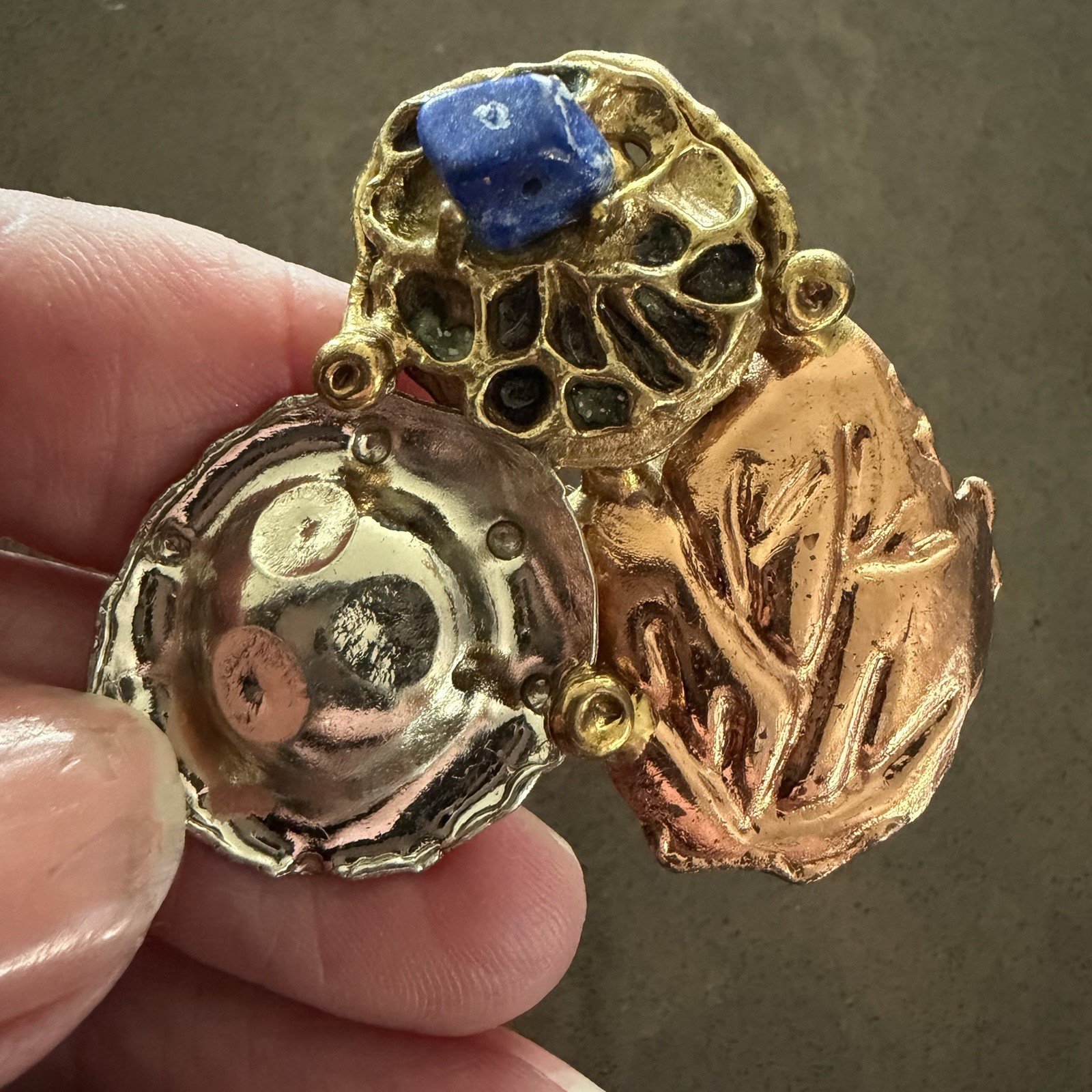 Vtg Brutalist Pendant Artisan Abstract Mixed Metal Brass Copper Silver Lapis