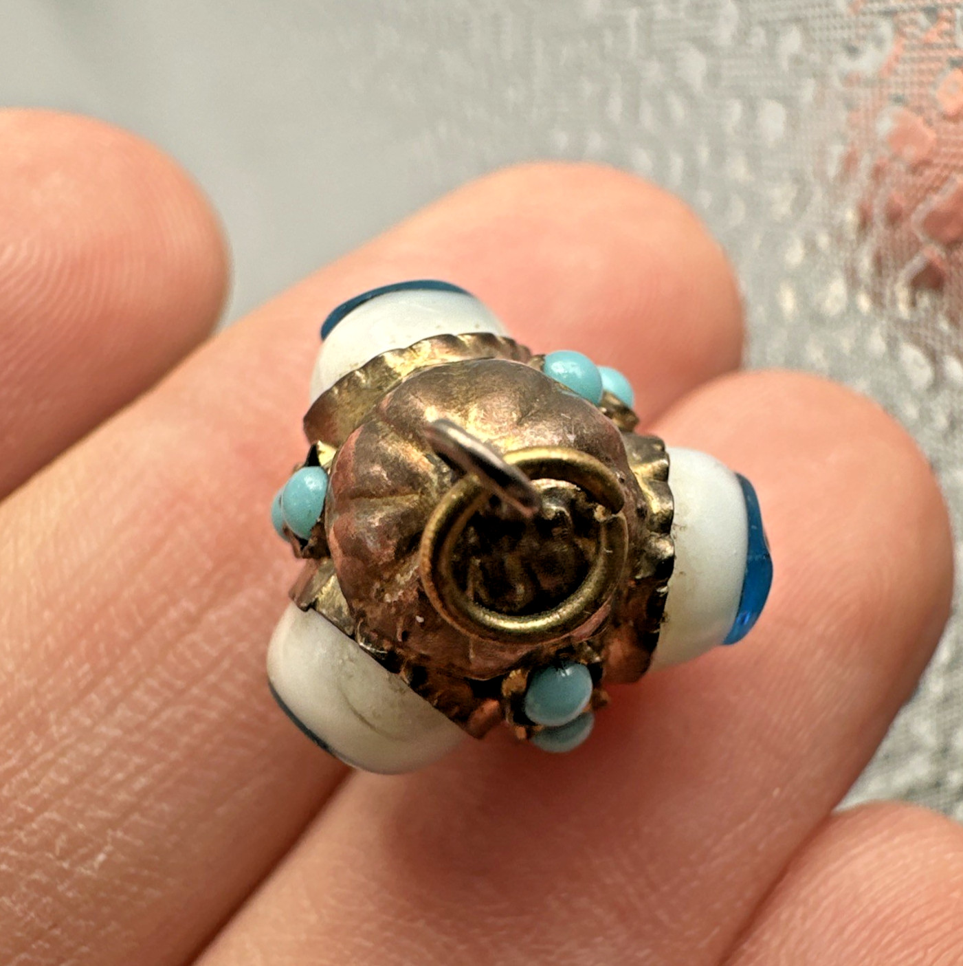 Vtg Victorian? Triple Evil Eye Blown Glass Gilted Brass Pendant Good Luck Amulet