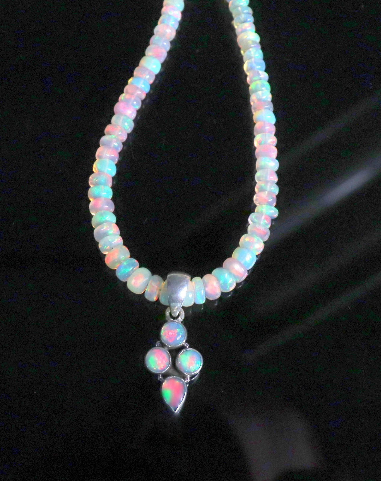 Natural Ethiopian fire opal beaded necklace with sterling silver opal pendant
