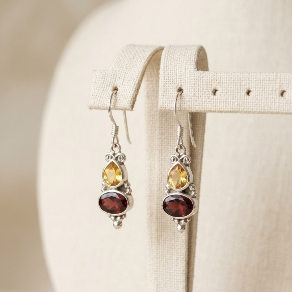 Garnet Earring Sterling Silver Citrine Drop Dangle Boho Multi Stone 925
