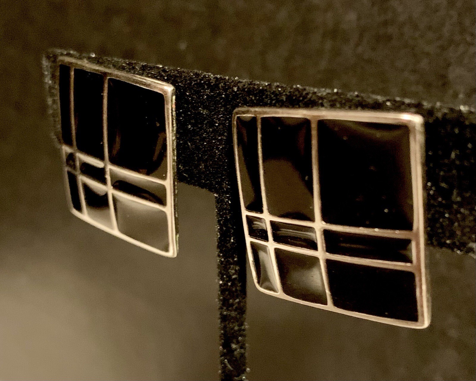 Black & Silver Enamel Retro Geometric Clip-On Earrings Square Vintage