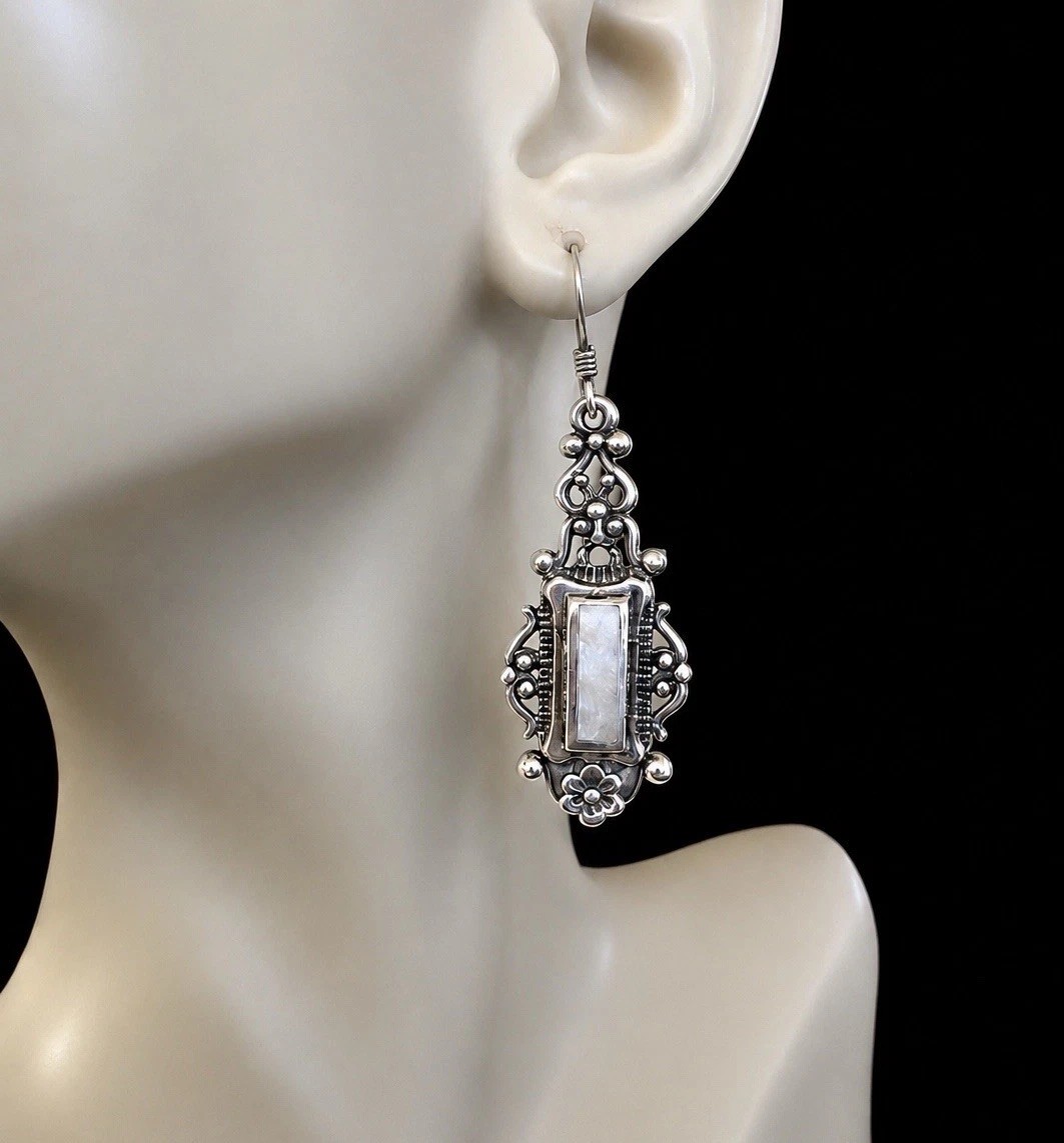 Art Deco Style Earrings Sterling Silver Mother of Pearl Estate Jewelry 5.6 Grams