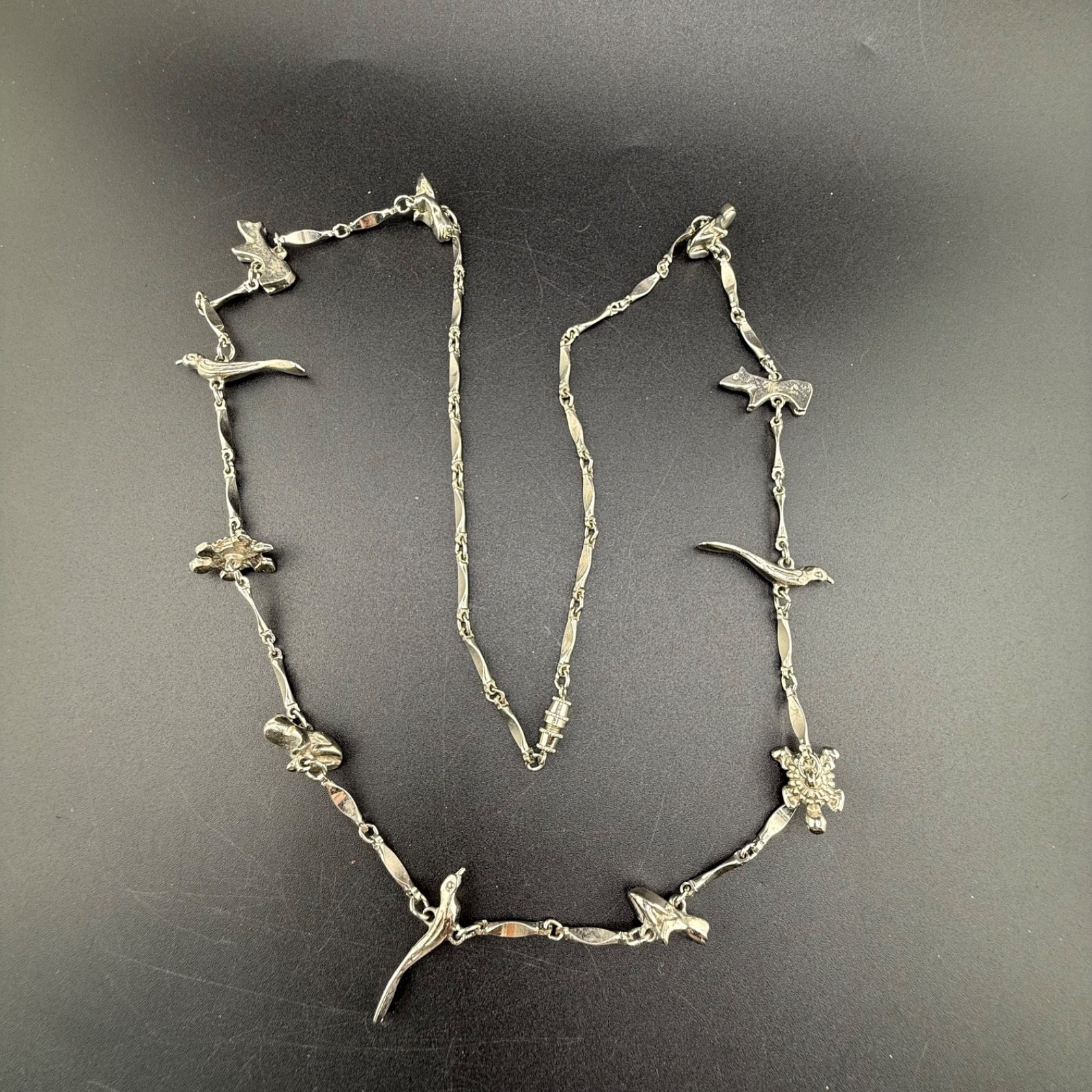 Vintage Fetish Necklace Animals Birds Silver Tone 32”