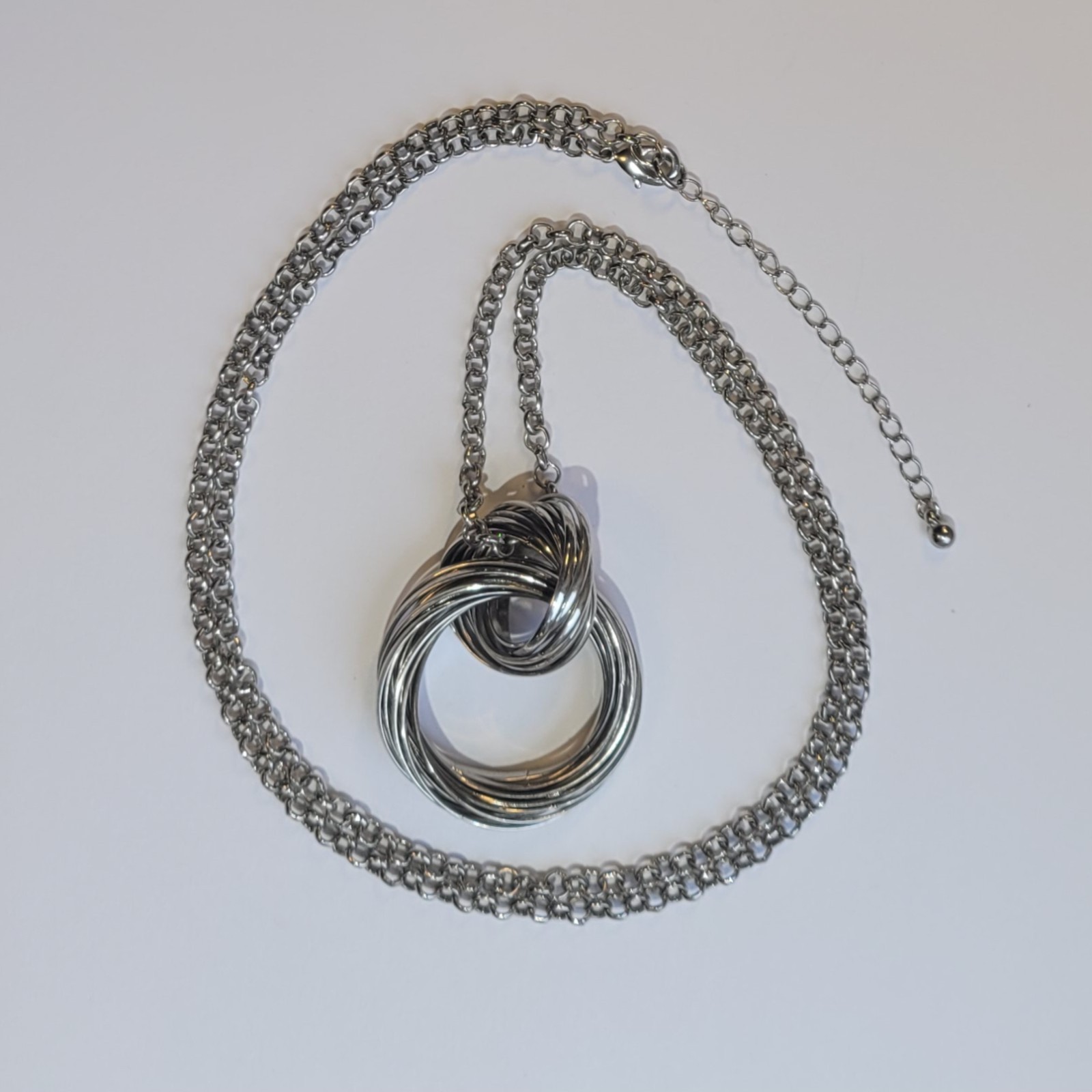 Mid Century Modern Intertwined Multi Ring Stainless Steel Pendant 36in Necklace
