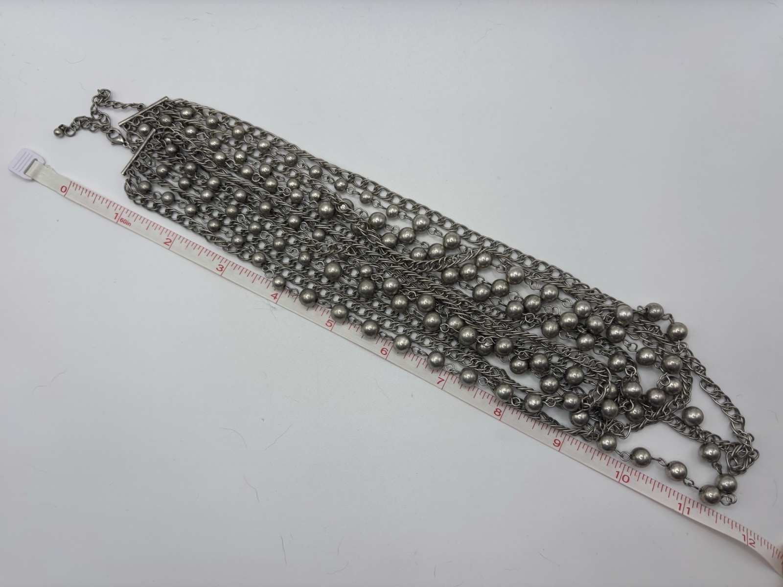 Vintage Silver Toned Layered Bead and Chain Statement Necklace