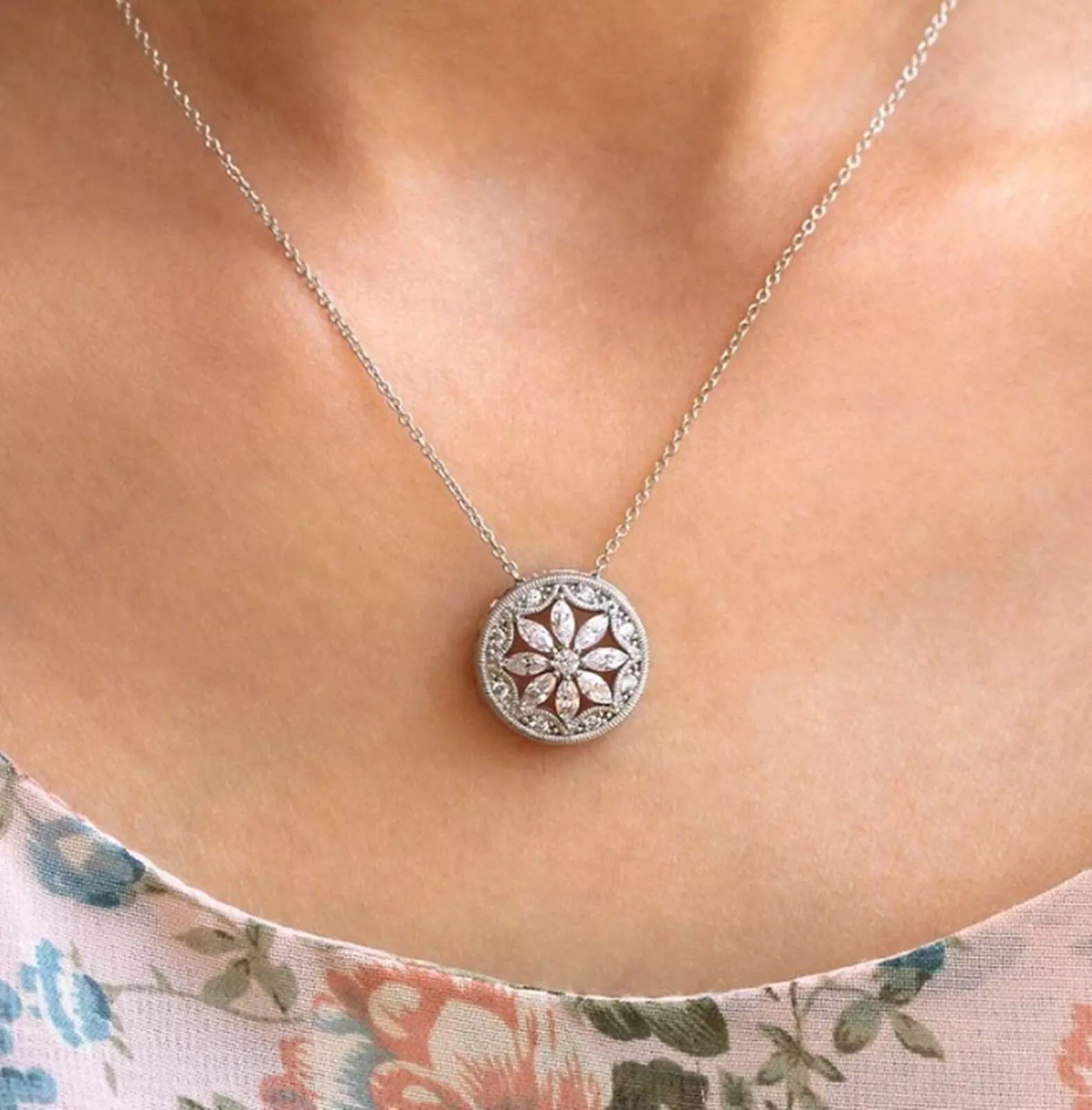 Art Deco Vintage Lab Created Diamond Engagement Gift Pendent 14K White Gold FN