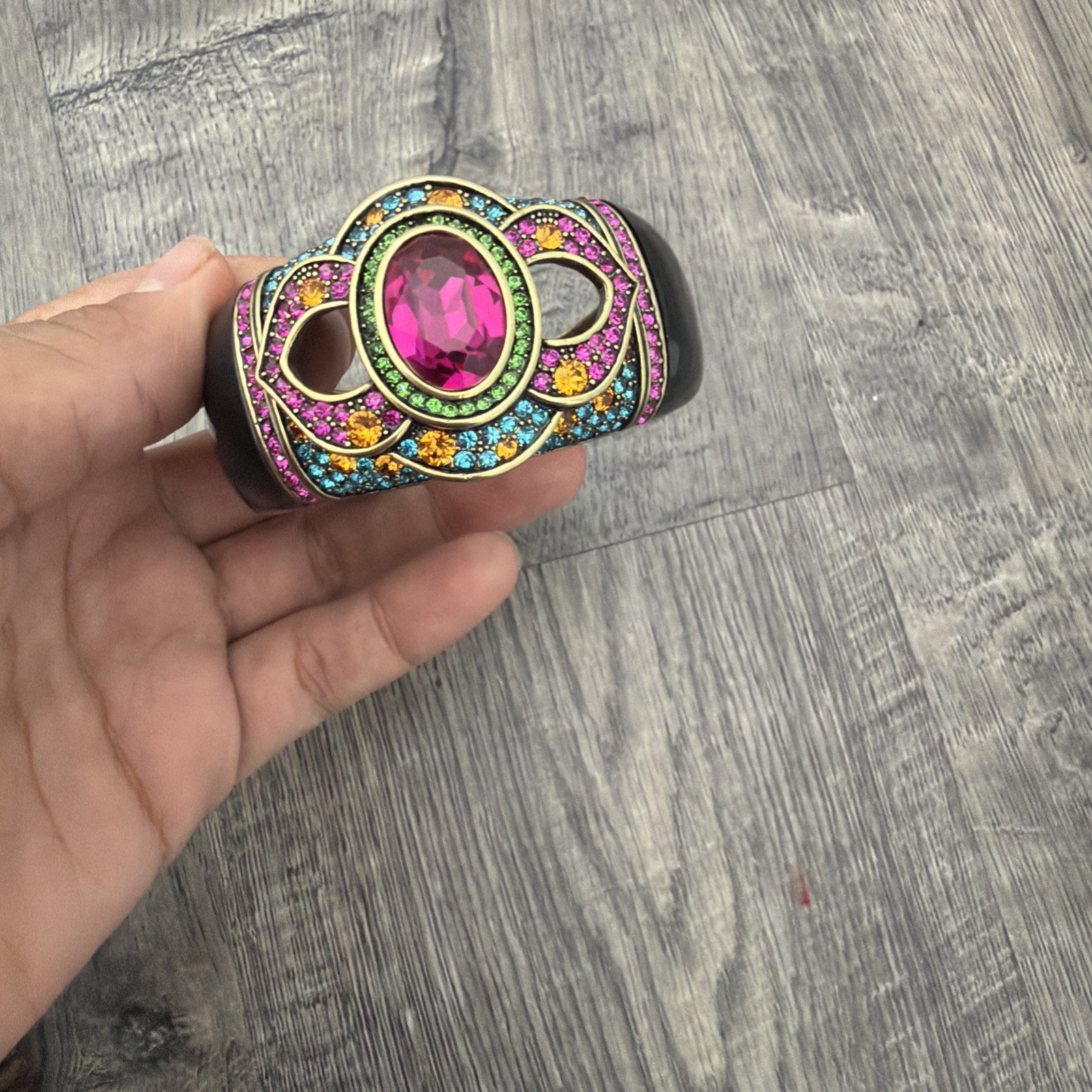 Heidi Daus Crystal Cuff Bracelet Pink Fuchsia Aqua Multi Color Hinged Statement