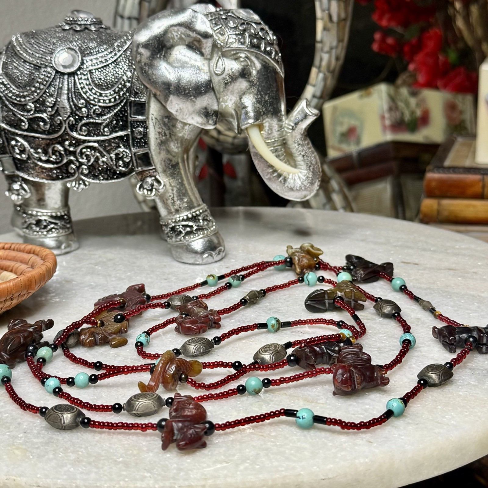Vintage Fetish Hand-Carved 12 Gemstones Chinese Zodiac Symbols 78” Long Necklace