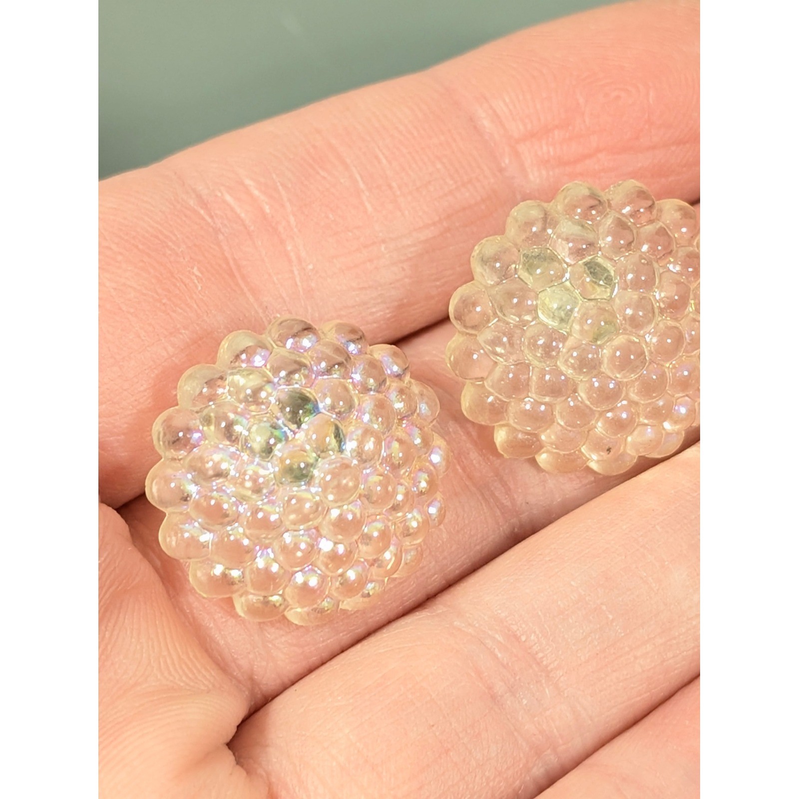Vintage Lucite Dome Earrings Iridescent Sparkle Pierced Unsigned