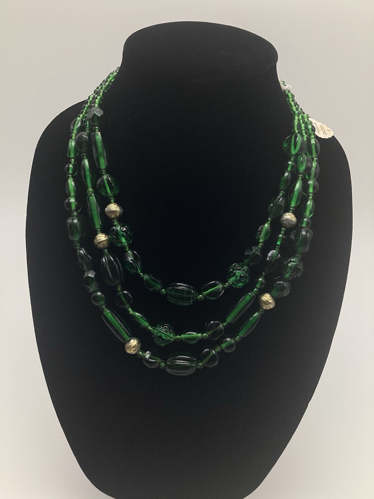 Vintage Emerald Green Glass Beaded Multi 3 Strand Necklace Made In India 19”