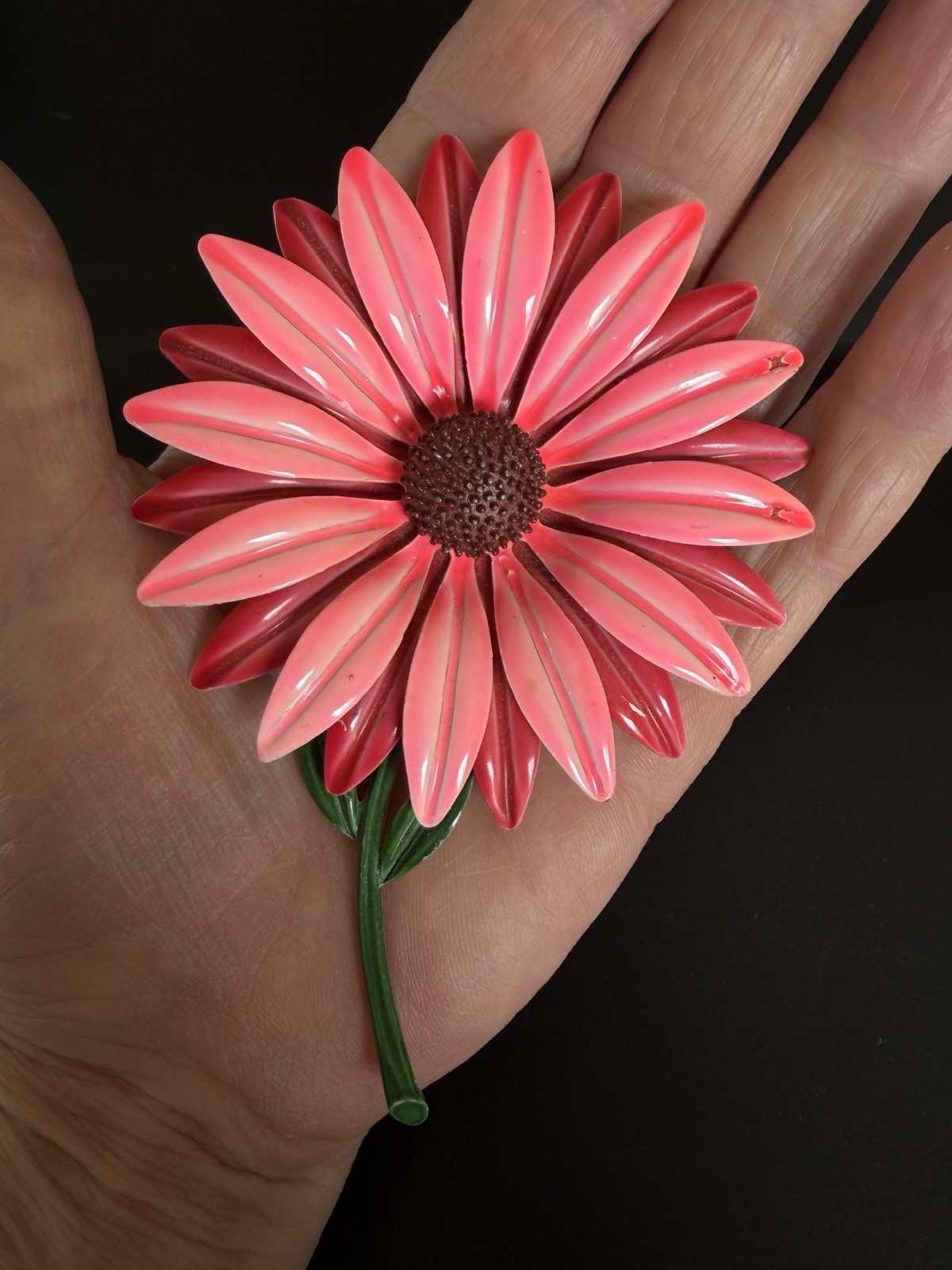 1960s Pink Enamel Celluloid Daisy Flower Brooch Pin Large Mod Statement 4 3/4”!