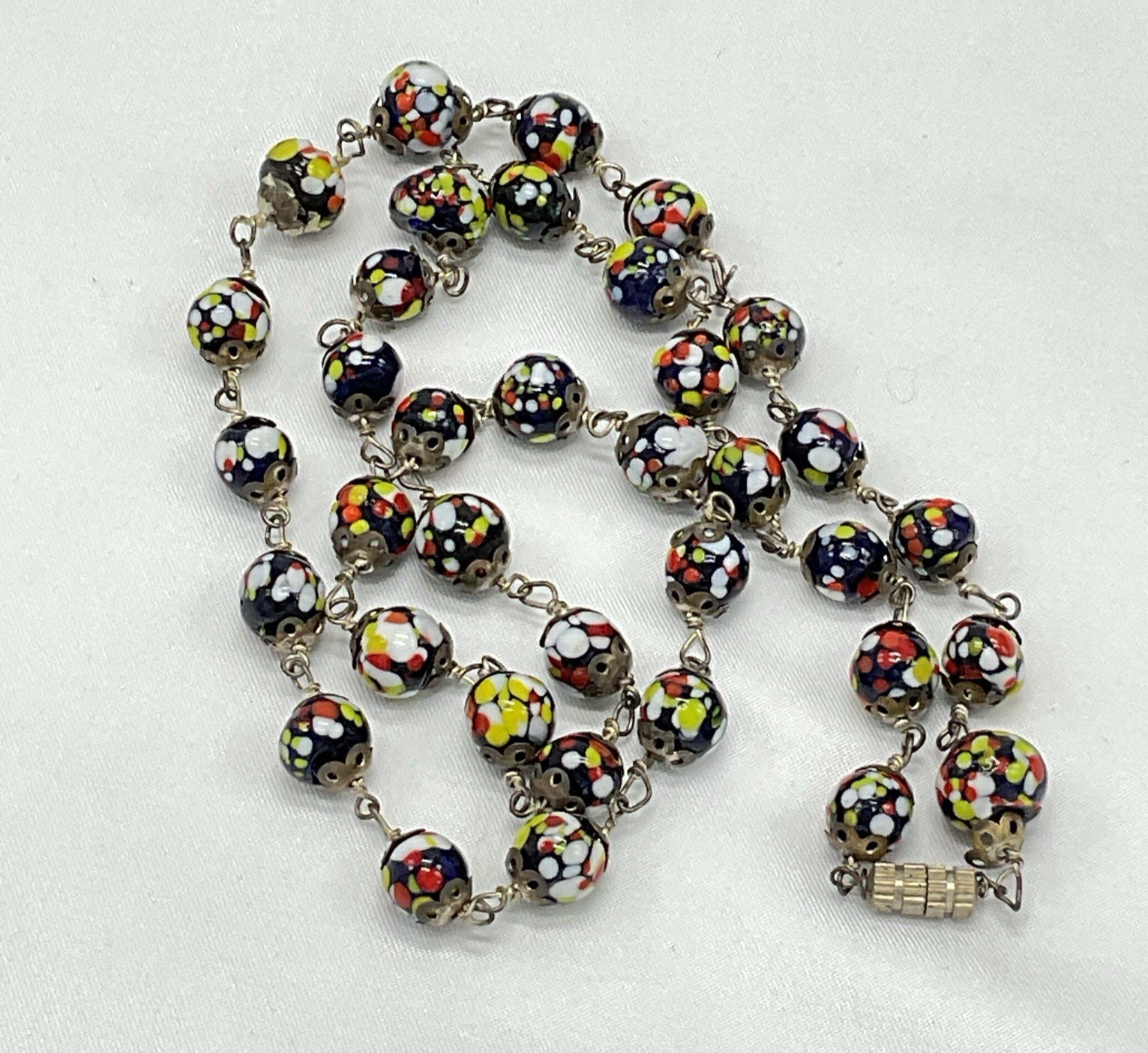 Vintage Millefiori Glass Bead Necklace Murano Style Wire Linked 22” Italy READ